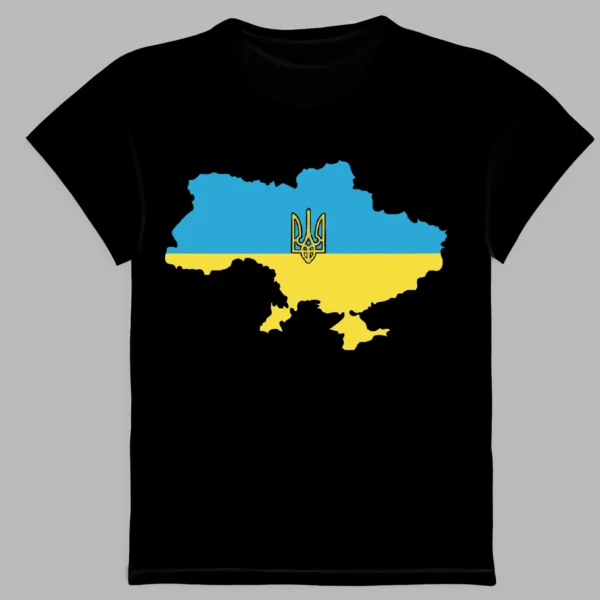a black t-shirt with a print of the coat of arms of ukraine