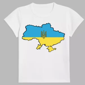 a white t-shirt with a print of the coat of arms of ukraine