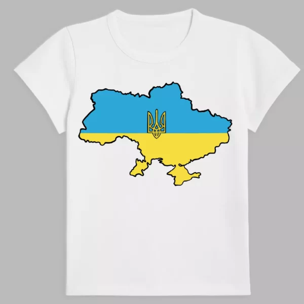 a white t-shirt with a print of the coat of arms of ukraine