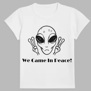 a white t-shirt with a print of alien