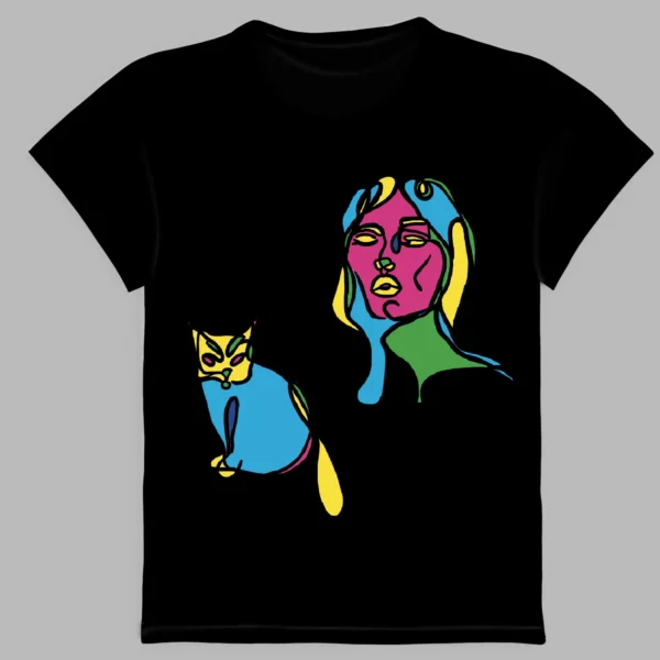 a black t-shirt with the woman and the cat print
