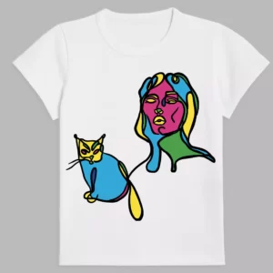 a white t-shirt with the woman and the cat print