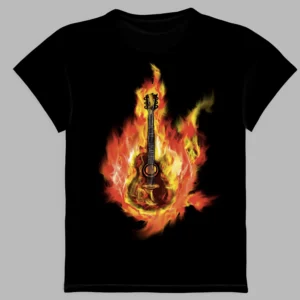 a black t-shirt with a fire guitar print