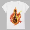 a white t-shirt with a fire guitar print