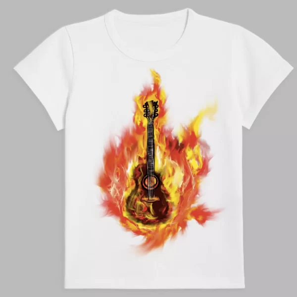 t-shirt in white colour with a print of a fire guitars