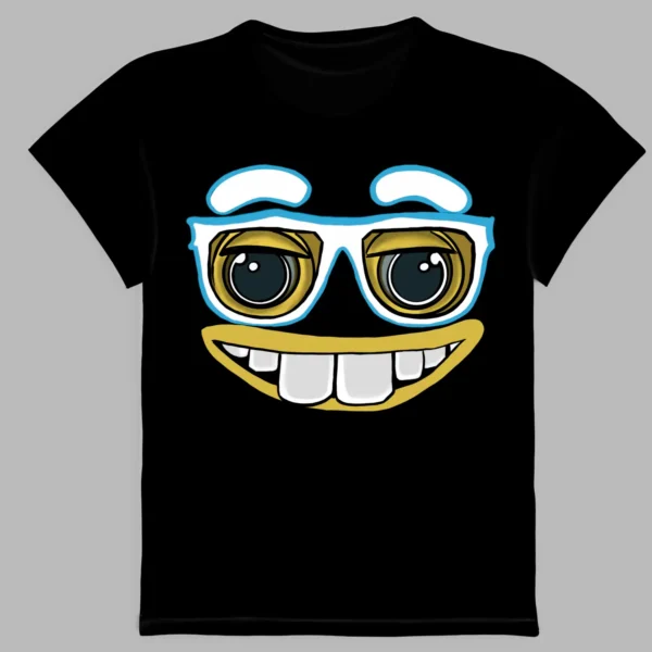 a black t-shirt with a print of the smile