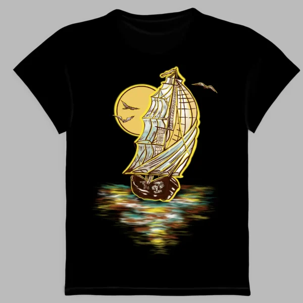 a black t-shirt with a print of the ship