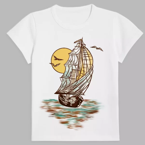 t-shirt in white colour with a print of the ship in the moonlight