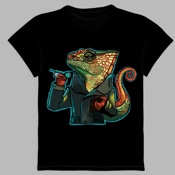 a black t-shirt with a print of the chameleon