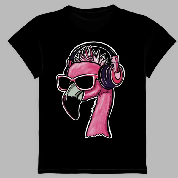 a black t-shirt with a print of a pink flamingo