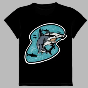 a black t-shirt with a print of the ocean shark