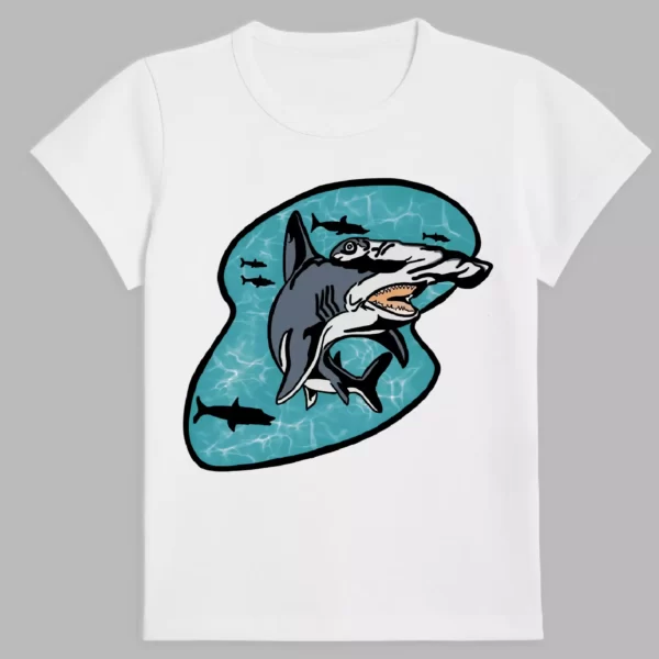 a white t-shirt with a print of the ocean shark