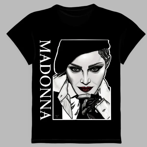 a black t-shirt with a portrait of the singer madonna