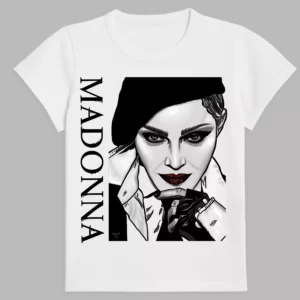 a white t-shirt with a portrait of the singer madonna