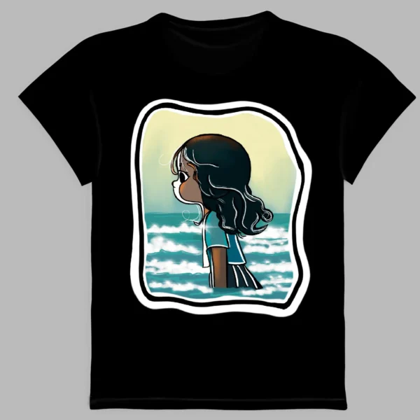 a black t-shirt with a print of a girl gazing at the ocean