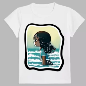 a white t-shirt with a print of a girl gazing at the ocean