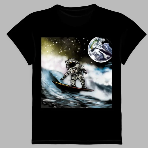 a black t-shirt with a print of space surfing