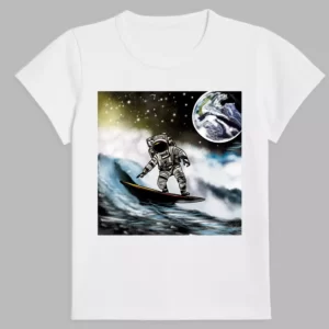 a white t-shirt with a print of space surfing