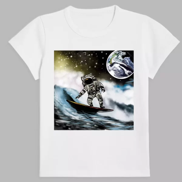 white t-shirt with a space surfing print