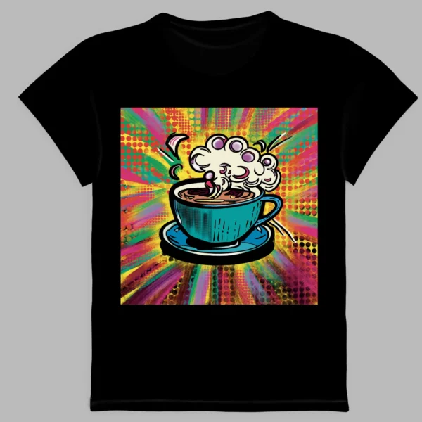 a black t-shirt with a cup of coffee print