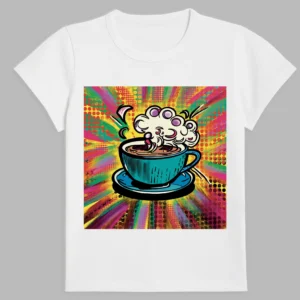 a white t-shirt with a cup of coffee print