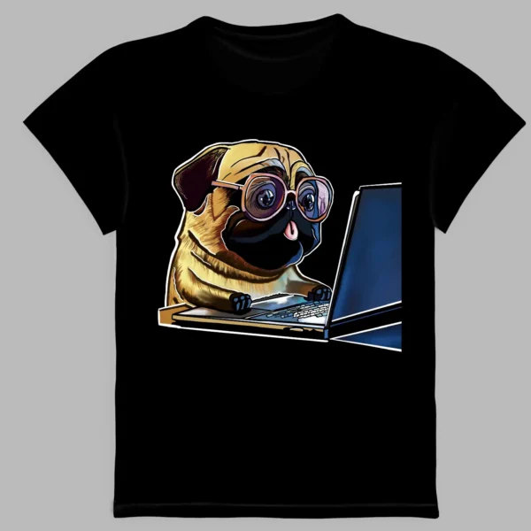 A black t-shirt with a print of a pug working at a laptop