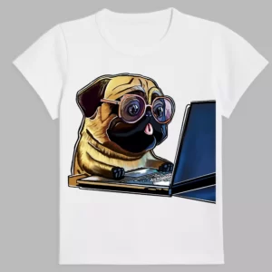 a white t-shirt with a print of a pug working at a laptop