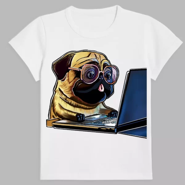 white t-shirt with a print of pug