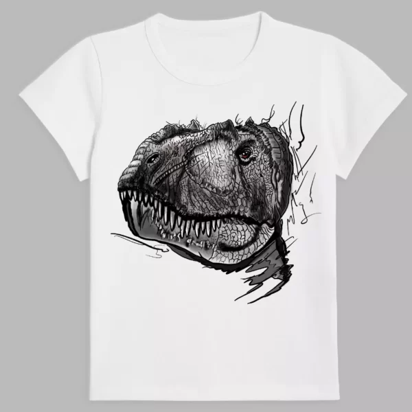 white t-shirt with a dinosaur print