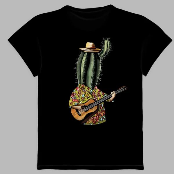 a black t-shirt with a print of singing cactus