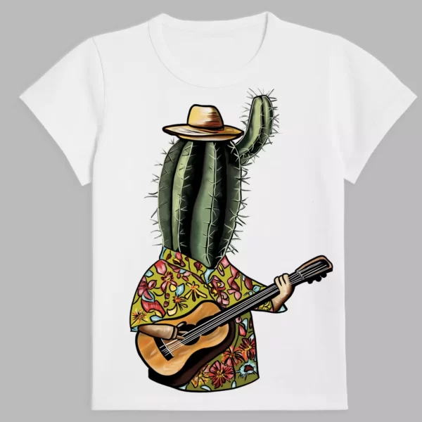 white-colored t-shirt adorned with a singing cactus print