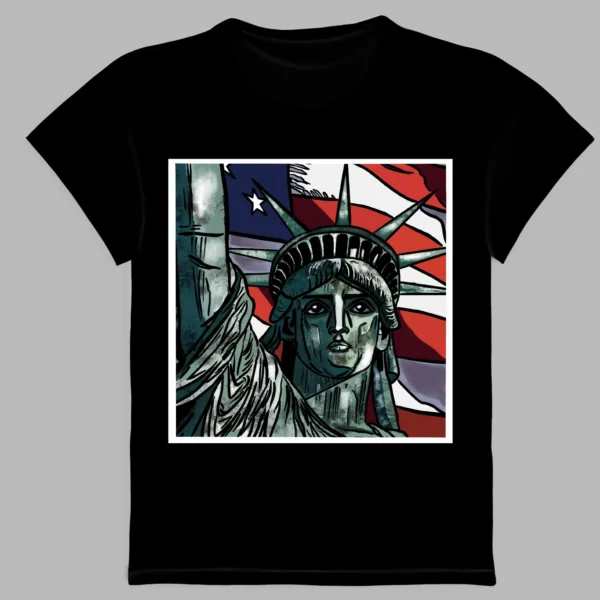 a black t-shirt with a print of the statue of liberty