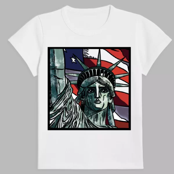 a white t-shirt with a print of the statue of liberty