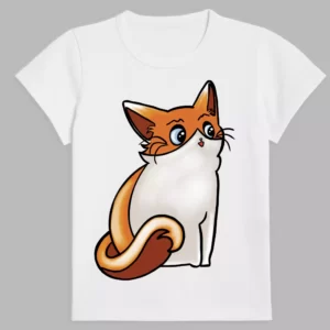 white t-shirt featuring a little red cat print
