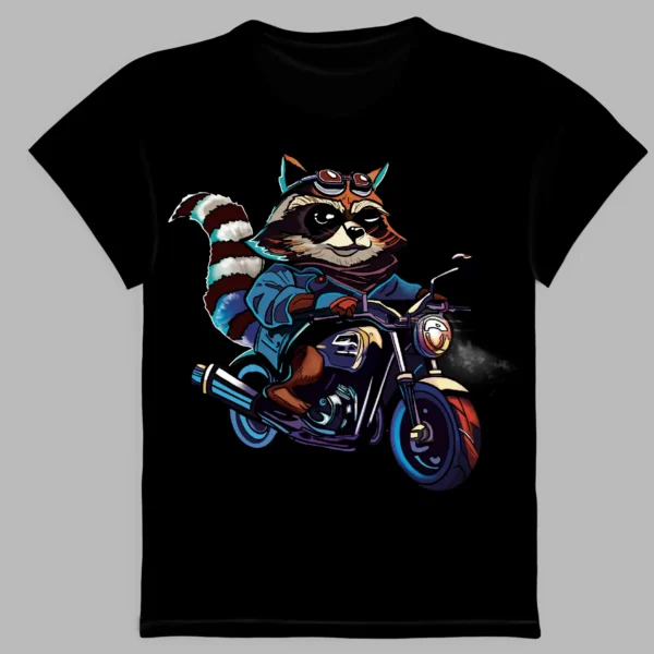 a black t-shirt with a print of a raccoon riding on its bike