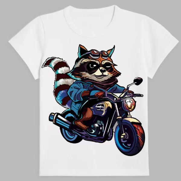 a white t-shirt with a print of a raccoon riding on its bike