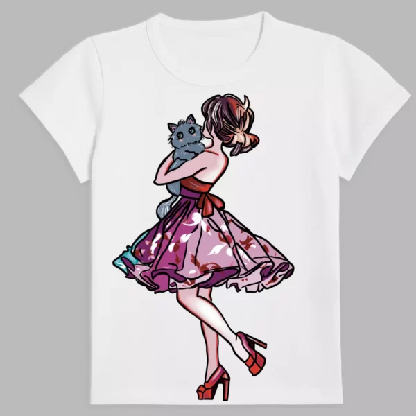 white t-shirt with a unique print featuring a girl dancing with a cat in an anime style