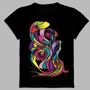 a black t-shirt with a print of the dance of colors
