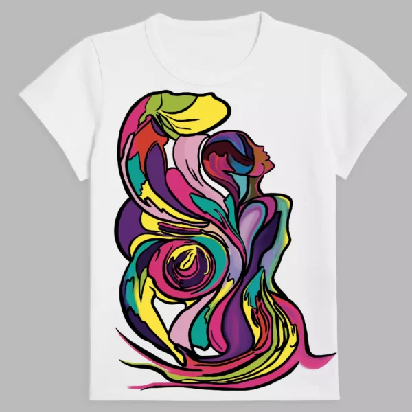 white t-shirt with a unique print called dance of colors