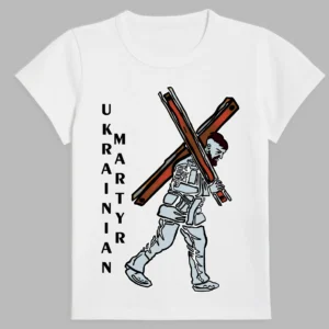 a white t-shirt with a print of the ukrainian martyr