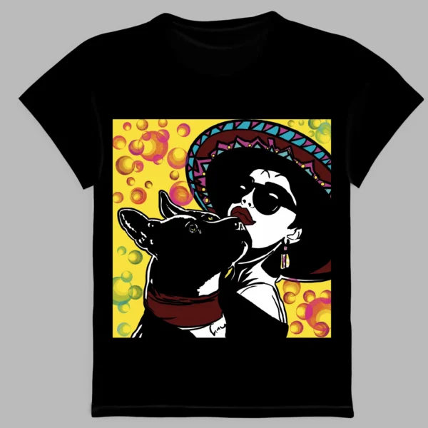 a black t-shirt with a print of the woman and her dog