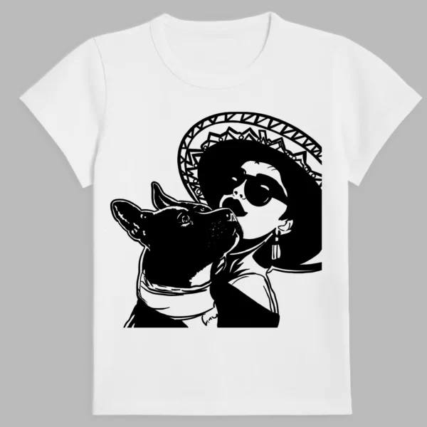 a white t-shirt with a print of the woman and her dog