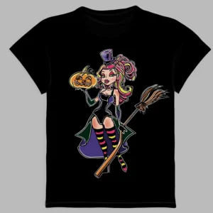 a black t-shirt with a print of the little witch