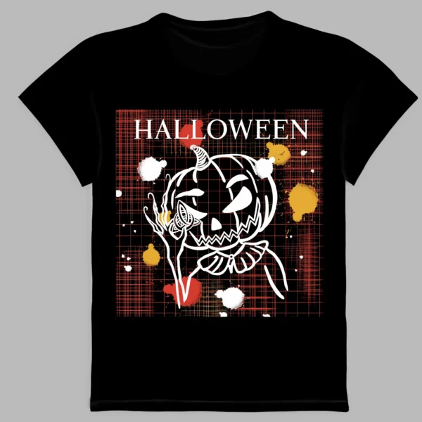 a black t-shirt with a print of the terrible pumpkin