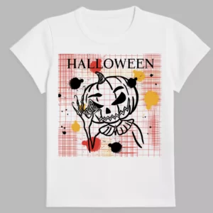 a white t-shirt with a print of the terrible pumpkin