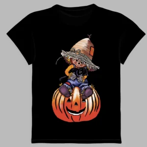 a black t-shirt with a print of the pumpkin