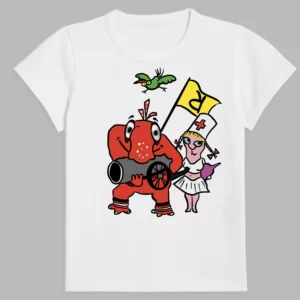 a white t-shirt with a print of crazy people