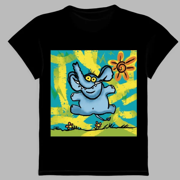 a black t-shirt with a print of crazy elephant