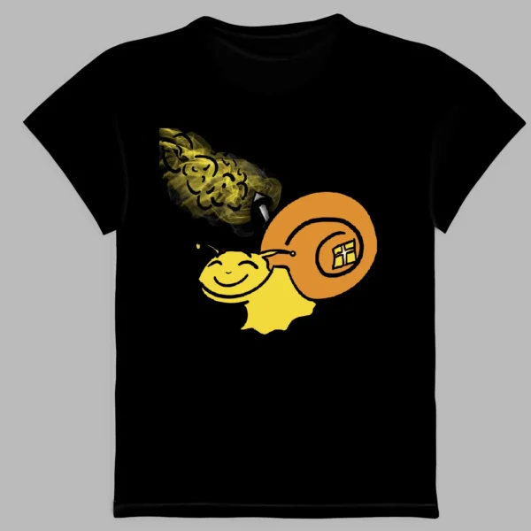 a black t-shirt with a print of crazy snail