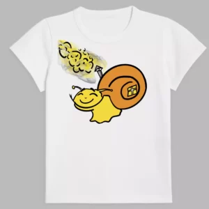 a white t-shirt with a print of crazy snail